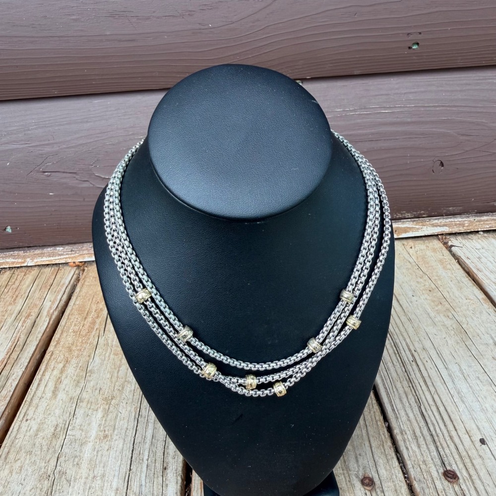 MX Necklace Women 17" Silver Gold Triple Strand Box Chain Two-Tone Layered